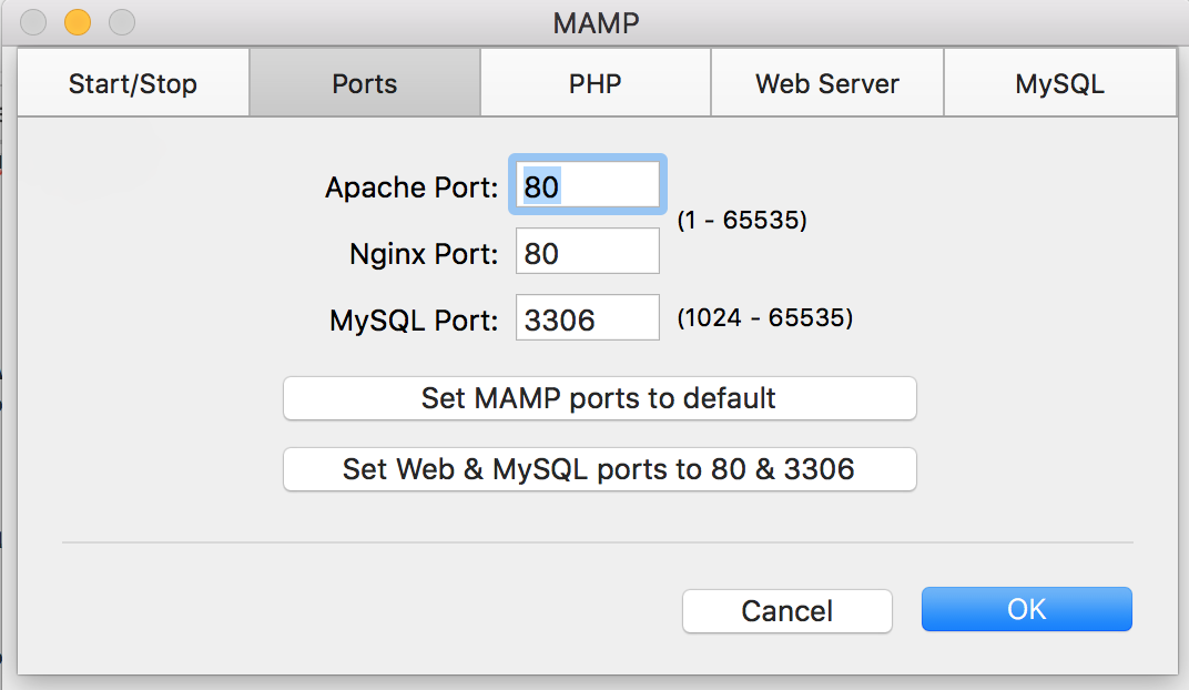 MAMP ports screen