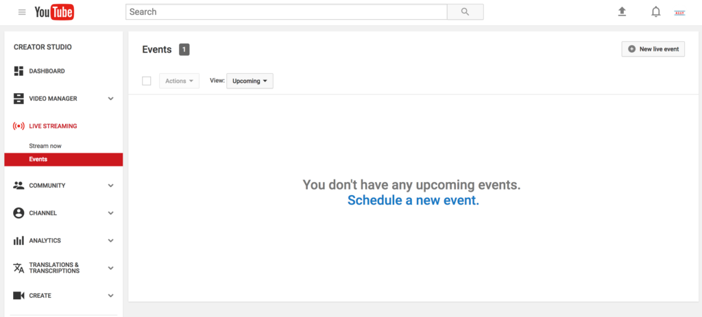 The YouTube Events screen