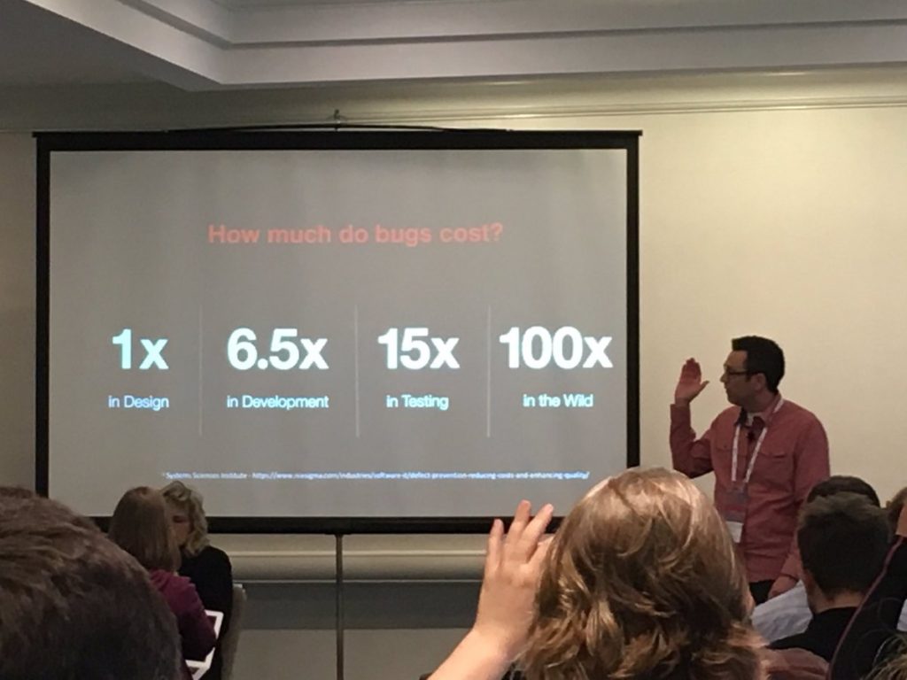 Target presenter explaining cost of accessibility bugs in the wild; 1x in design, 6.5x in development, 15x in testing, 100x in the wild