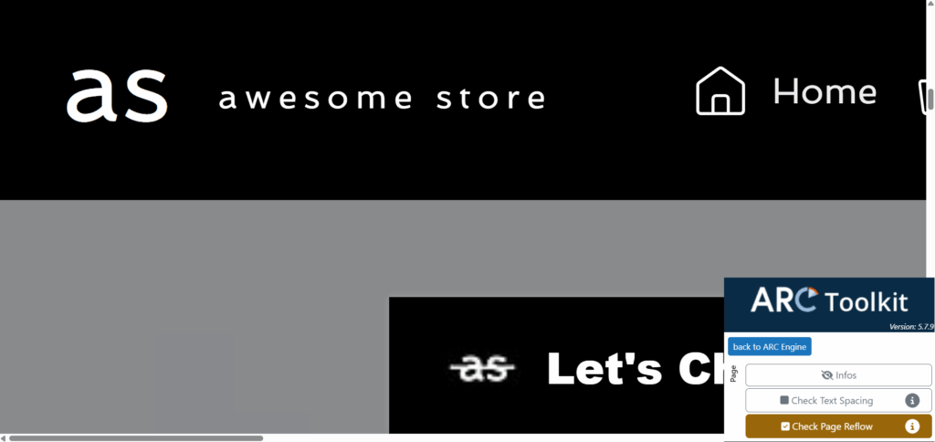 ARC Toolkit, with Reflow highlight turned on, and the web page zoomed in at 400% exposing dual scroll bars