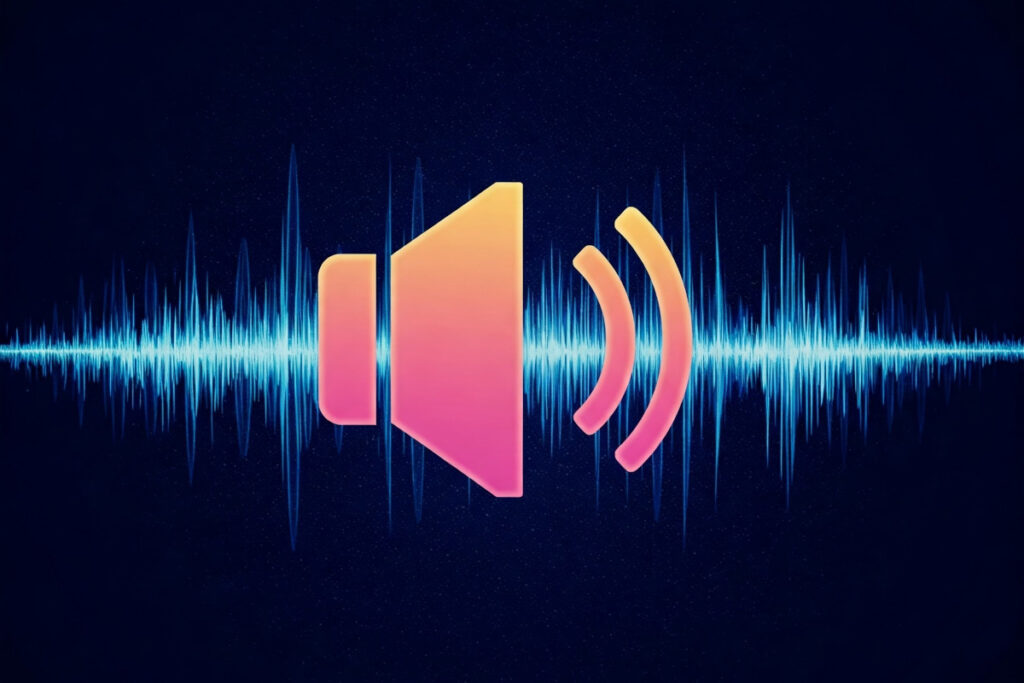An orange gradient audio icon with blue soundwaves behind it.
