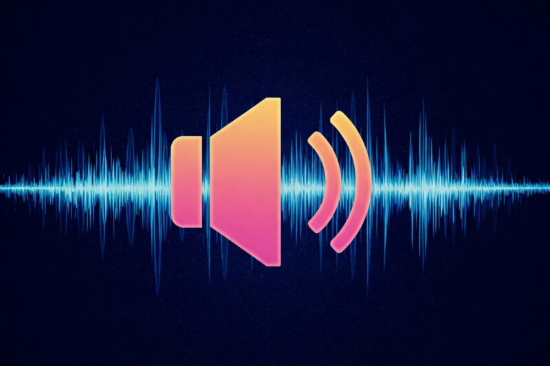 An orange gradient audio icon with blue soundwaves behind it.