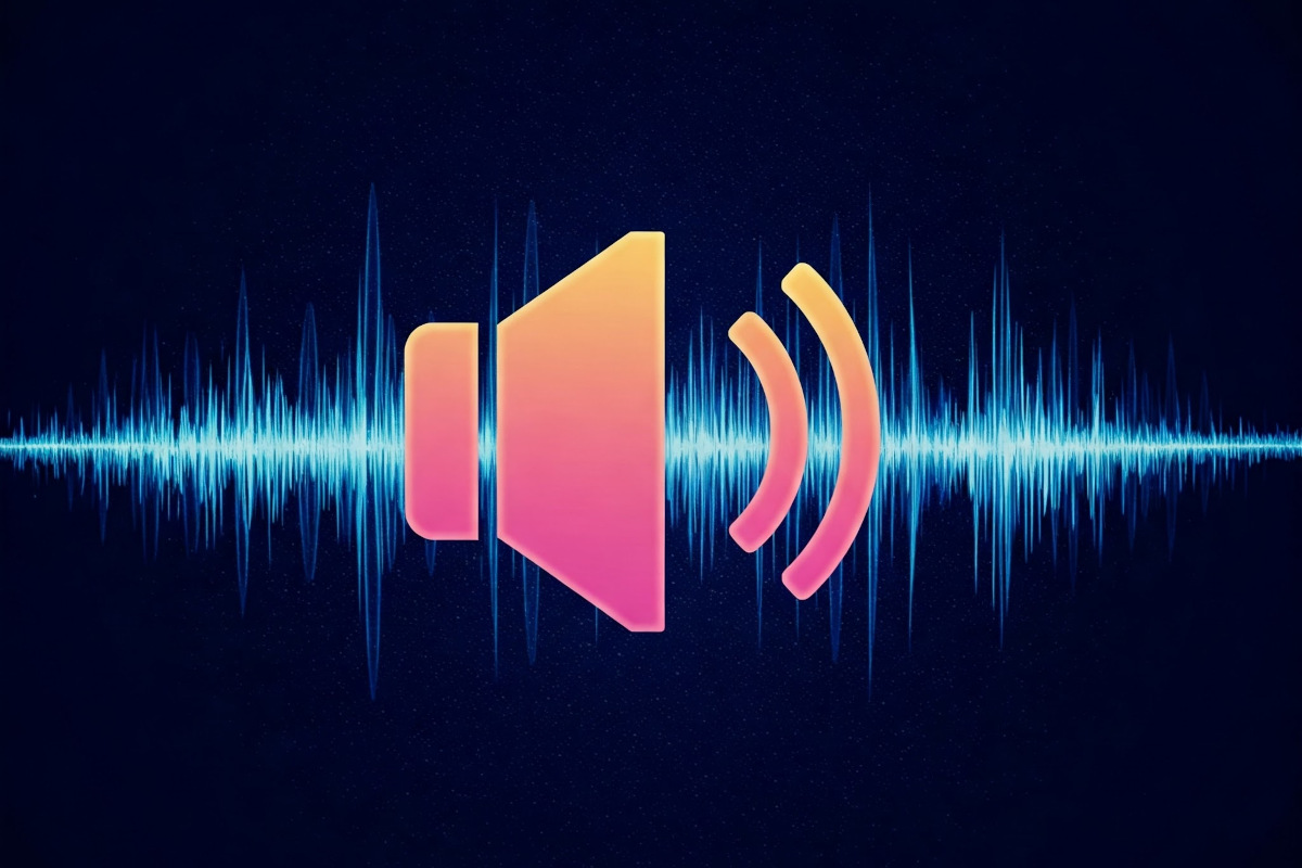 An orange gradient audio icon with blue soundwaves behind it.