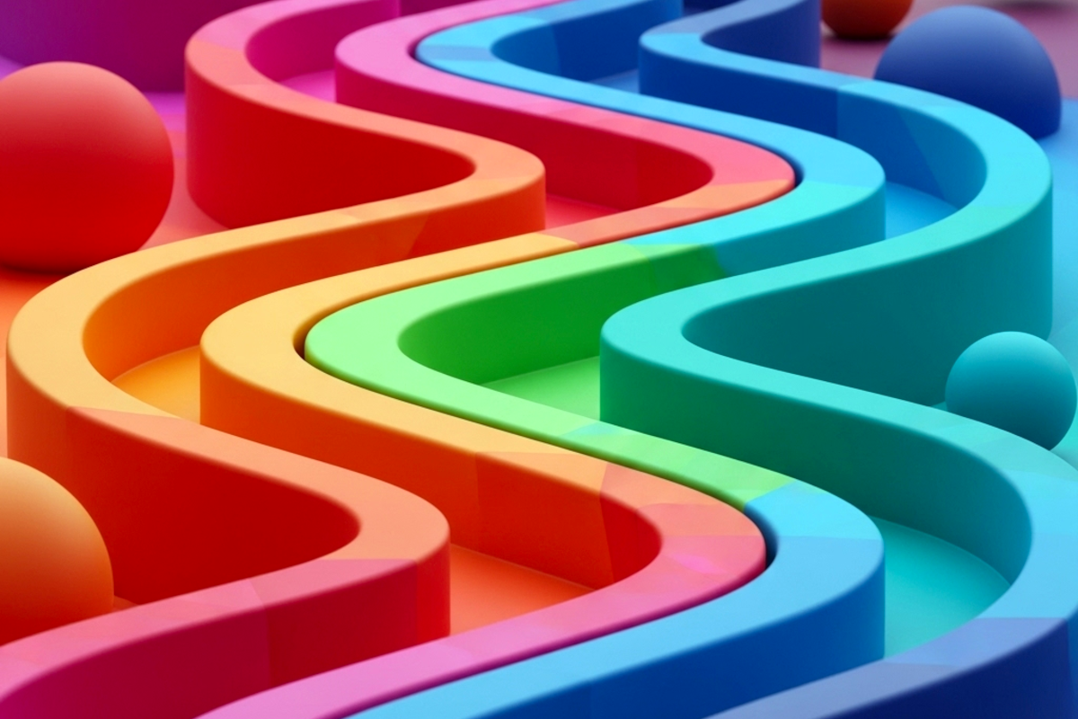 Multiple, curvy paths of colorful shapes, abstract