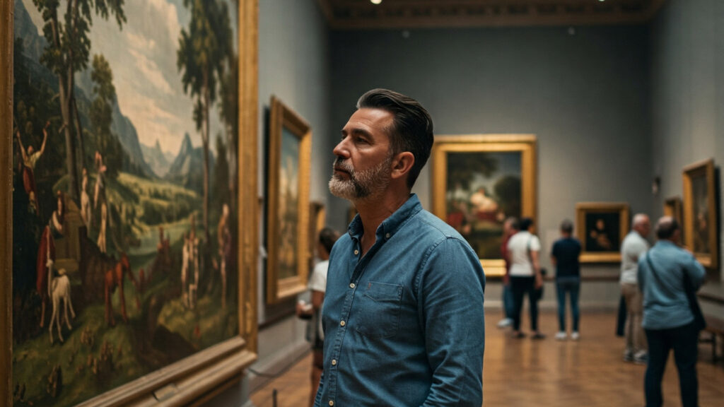A man looking at a painting in a museum setting