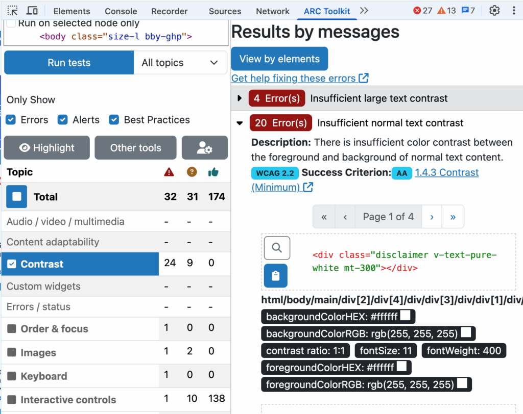The ARC Toolkit browser extension presenting a report on a page, with color contrast of text shown