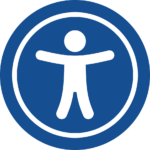 The accessibility logo, with a human figure with arms out stretched, in a blue circle