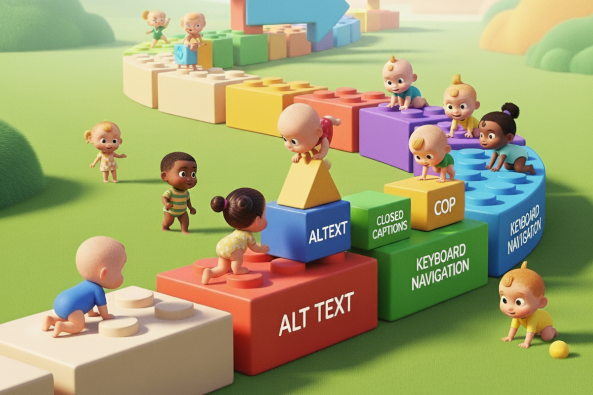 An illustration of baby steps towards accessibility conformance, with babies climbing over colorful lego blocks representing alt text, keyboard navigation, etc.
