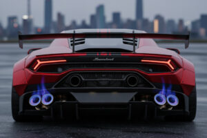 The rear of a sports car with glowing exhaust system