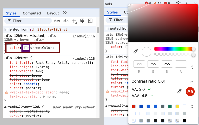The screenshot show after selecting the color swatch for the currently selected element, a pop-up is presented with a color picker, RGBa settings and an expanded Contrast ratio panel showing the WCAG level AA and AAA ratios and whether they pass.
