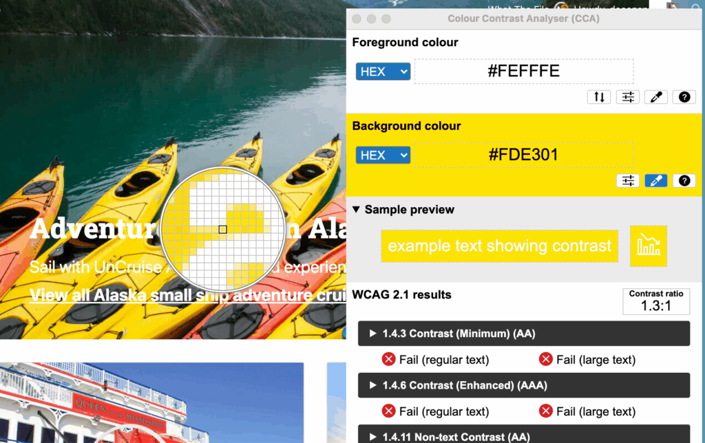 Colour Contrast Analyser with the eyedropper tool being used to select colors.
