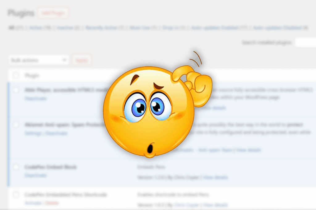 A confused emoticon with a drop shadow on top of a blurred plugins screen from WordPress