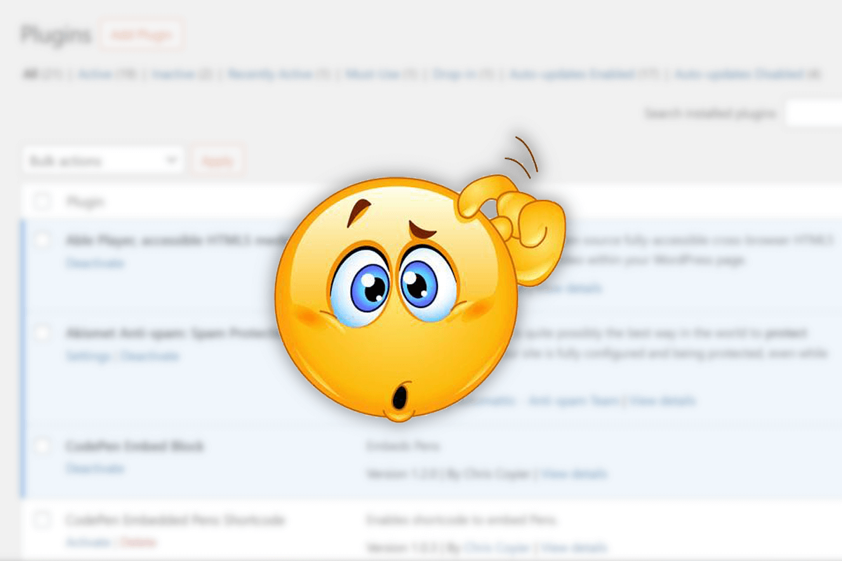 A confused emoticon with a drop shadow on top of a blurred plugins screen from WordPress