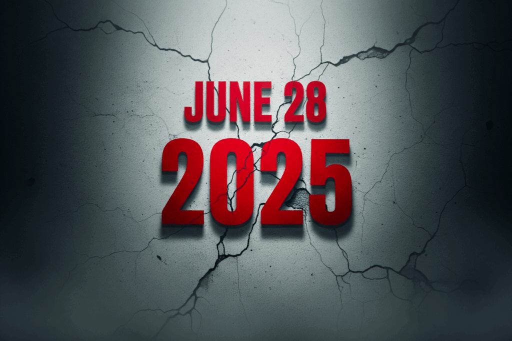 June 28, 2025 in red letters against a white wall, with cracks