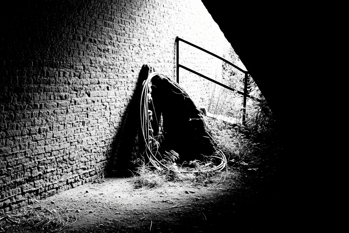 A high contrast image of light shining down onto a brick wall, with hay and a railing near the bottom