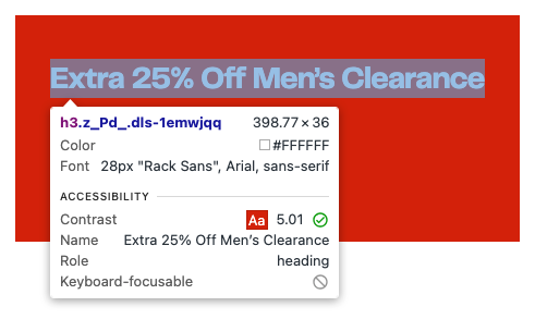 The text highlighted, and the Chrome dev panel tooltip appearing to show properties of the selected element. An Accessibility section shows the contrast ratio, and whether it passes.