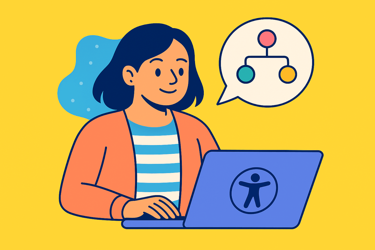 Illustration of a female working on a laptop with the accessibility logo on the back, and a think bubble with a structured diagram