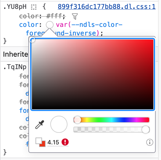 Firefox color properties popup presenting an exclamation character in a red circle identifying color contrast issues.