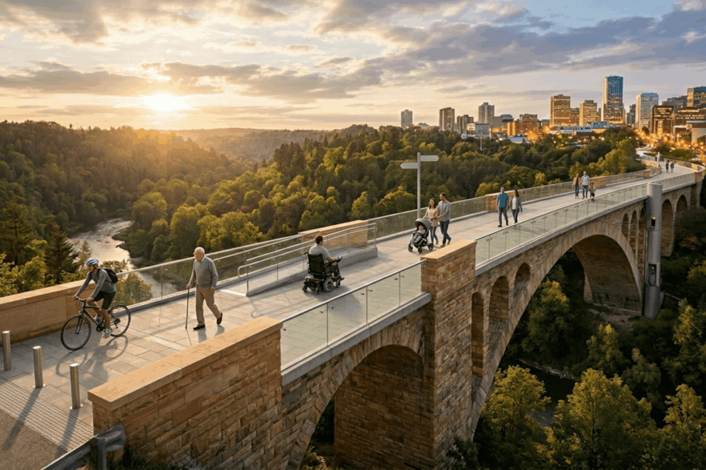 At sunset, a bridge leads into an urban area. People are walking, on their bikes, and using wheelchairs to get from one side to another