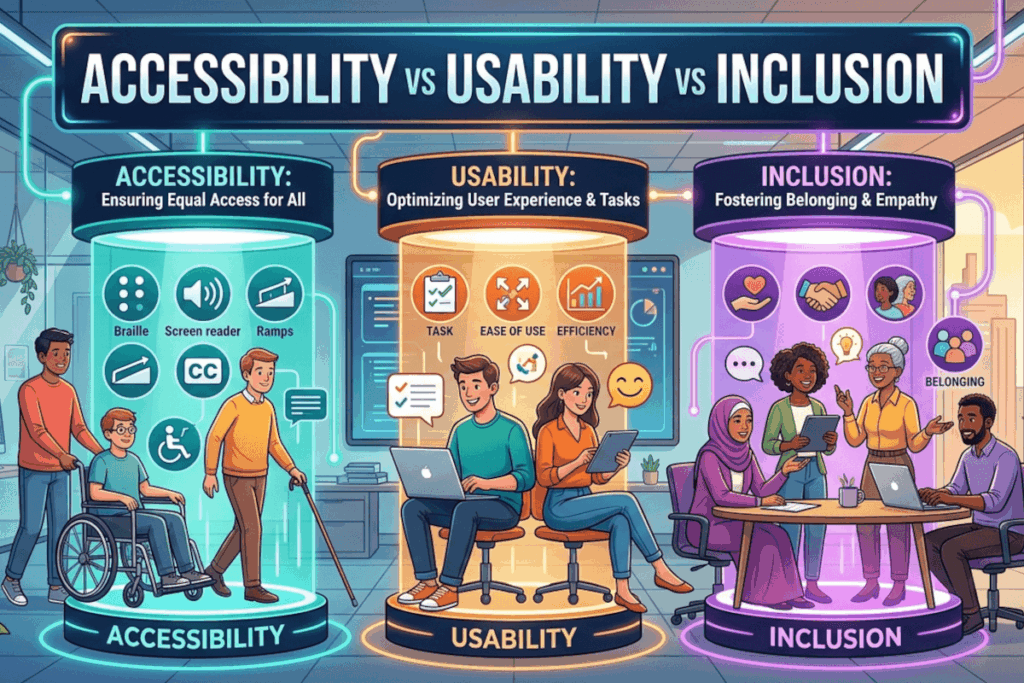 Illustration comparing accessibility, usability, and inclusion with diverse people using technology, and icons representing each concept’s key focus and benefits.