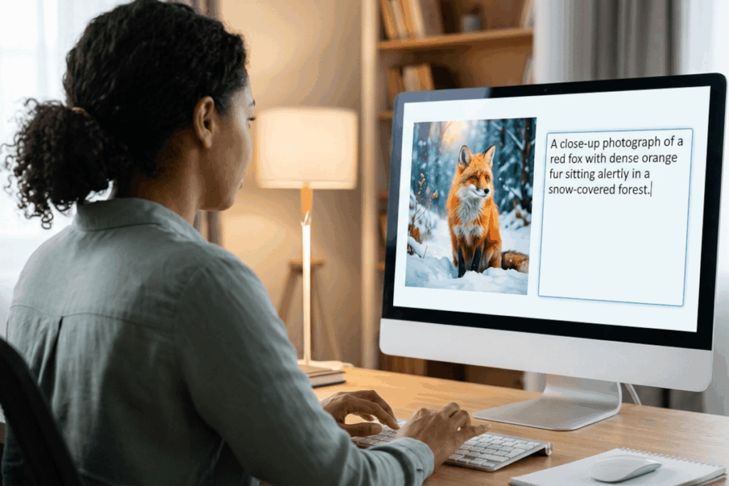 A woman on a computer looking at a computer screen of a red fox and entering a text alternative