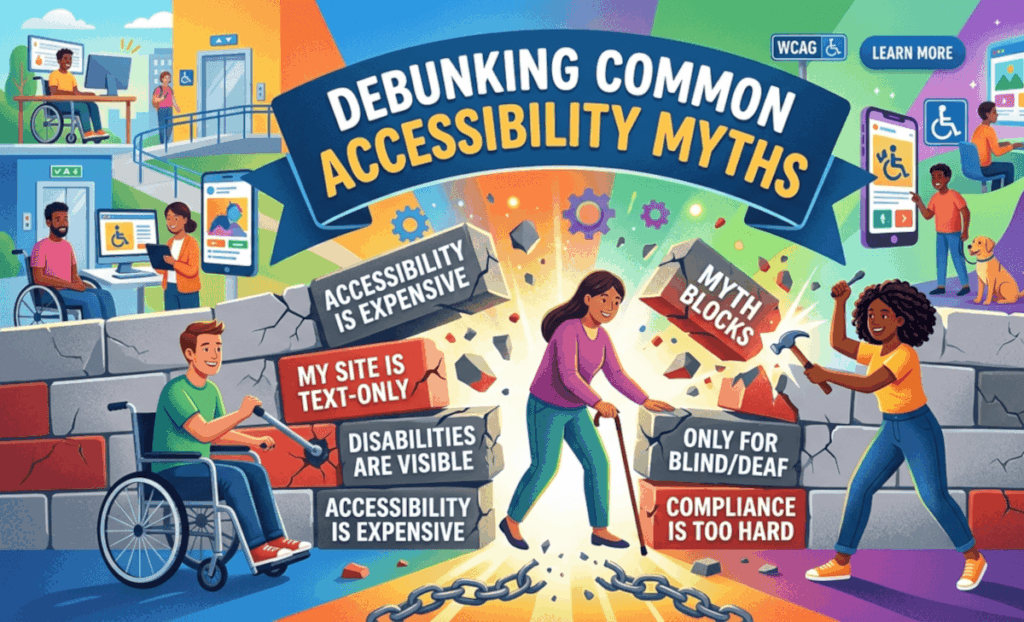 Illustration showing people breaking through walls labeled with accessibility myths, highlighting misconceptions such as 