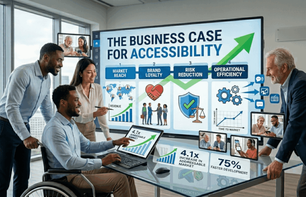 Four professionals, including a man in a wheelchair, discuss an accessibility business case presentation featuring charts and statistics on a screen in a modern office.