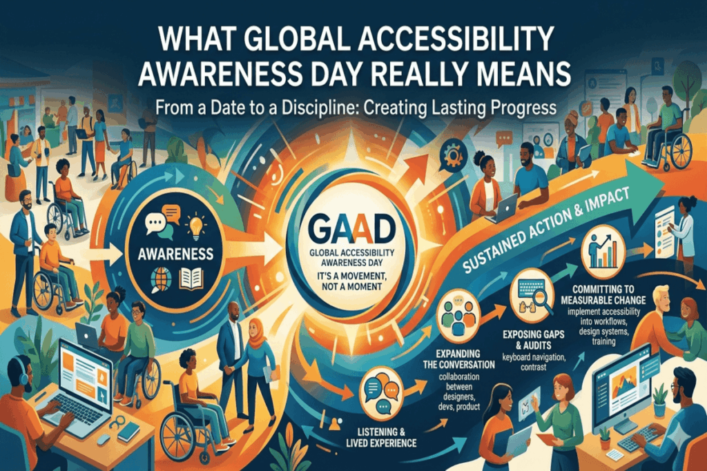 Infographic explains the meaning of Global Accessibility Awareness Day, highlighting awareness, lived experience, conversation, sustained action, and measurable impact for accessibility.