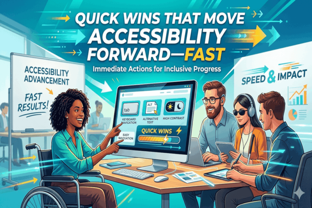 A diverse team discusses quick ways to improve accessibility using charts and a computer, with text highlighting fast, impactful actions for inclusive progress.