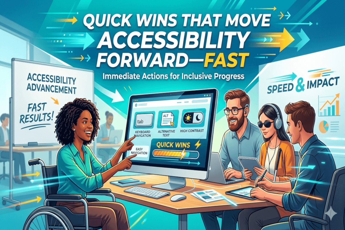A diverse team discusses quick ways to improve accessibility using charts and a computer, with text highlighting fast, impactful actions for inclusive progress.