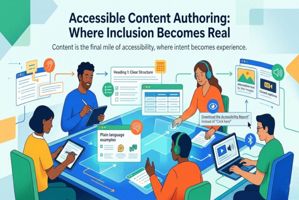 Four people collaborate at a table using laptops and tablets, surrounded by icons and tips about accessible content authoring and digital inclusion.