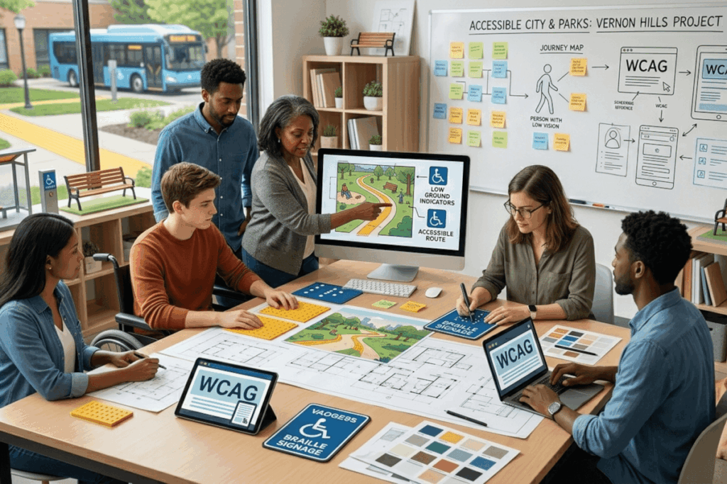 A group of designers working on an accessible design, with tablets, monitors and a whiteboard with sticky notes