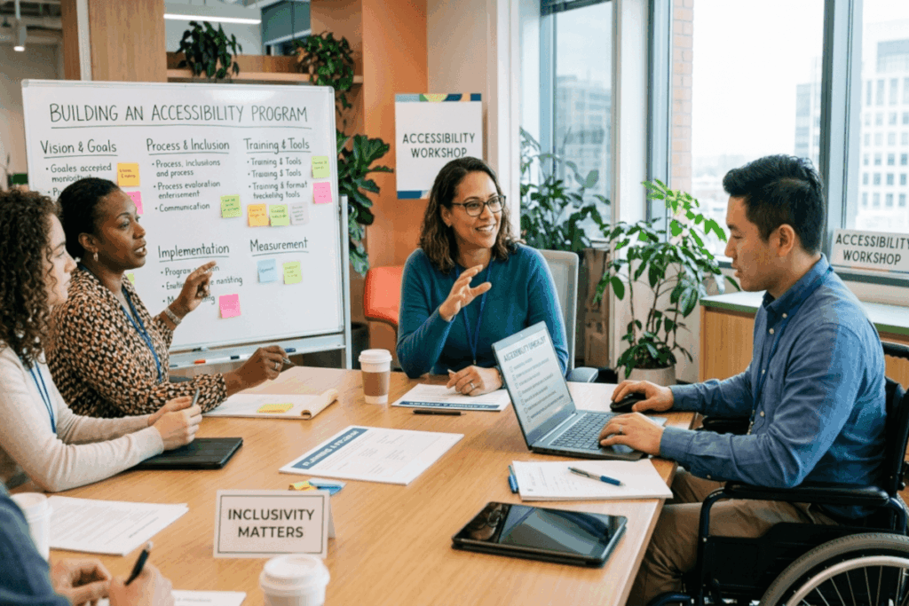 A team of people around a table, one in a wheelchair, with a whiteboard with the text Building an Accessibility Program