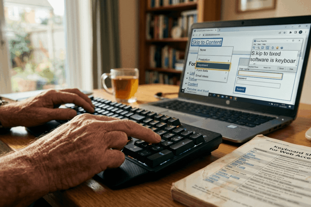An older individual typing on a keyboard while looking at a laptop screen