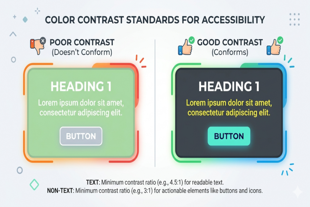 Color Contrast standards for text and non-text content and user interface elements.