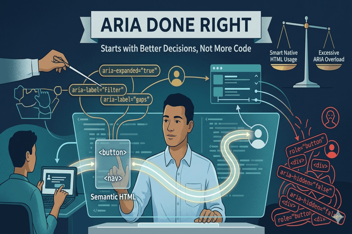 A man uses a computer displaying coding elements like "aria-expanded" and "aria-label." Text reads "ARIA Done Right." A scale contrasts smart HTML use vs. excessive ARIA overlay.