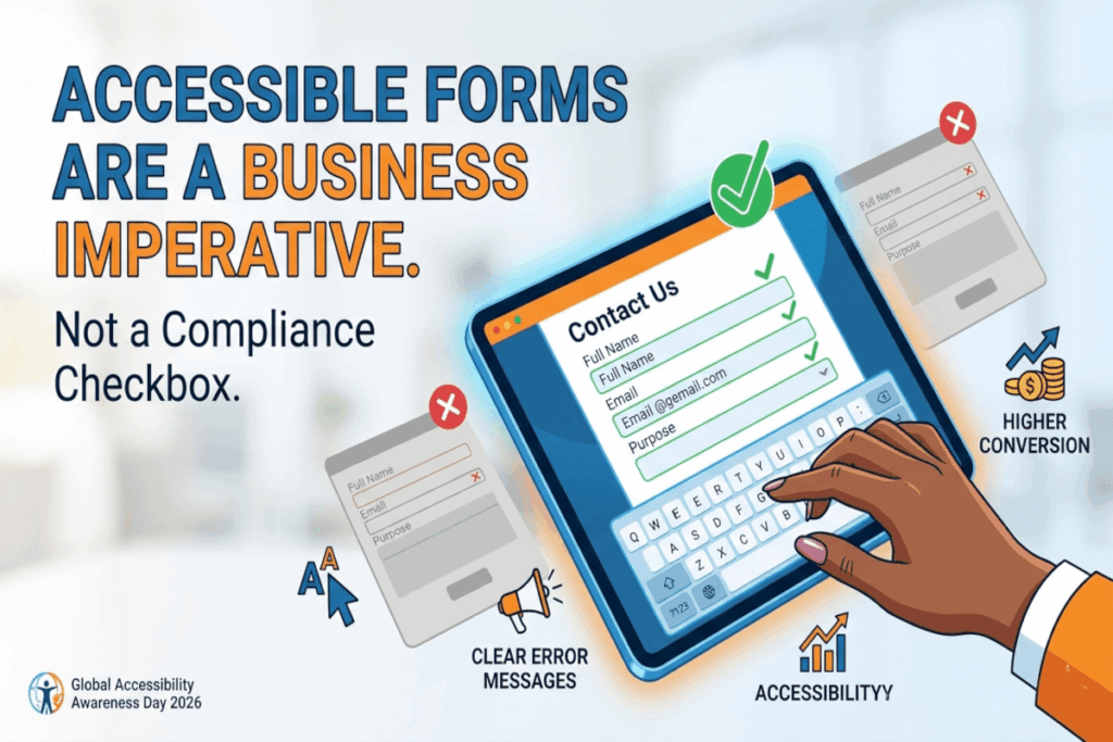 Accessible forms infographic highlighting their business importance. Shows a hand filling a form on a tablet, signifying higher conversion and clear error messages.