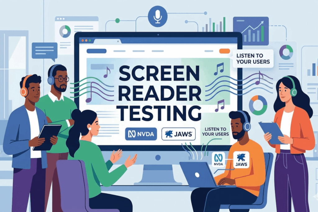 Illustration of diverse people testing screen readers around a computer with 