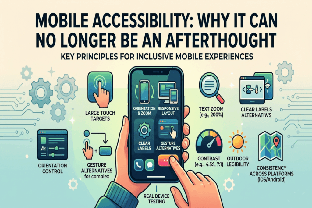 Illustration highlighting mobile accessibility principles like large touch targets, orientation control, and clear labels on a smartphone screen.