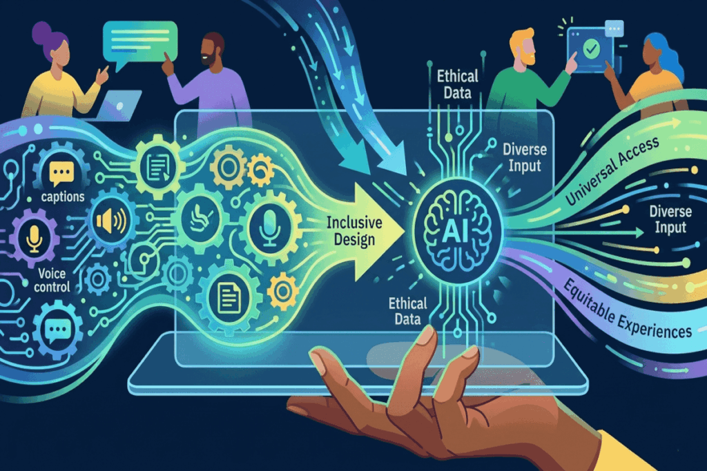 Illustration depicting inclusive AI design. Diverse people interact with technology, emphasizing captions, voice control, and ethical data for equitable access.
