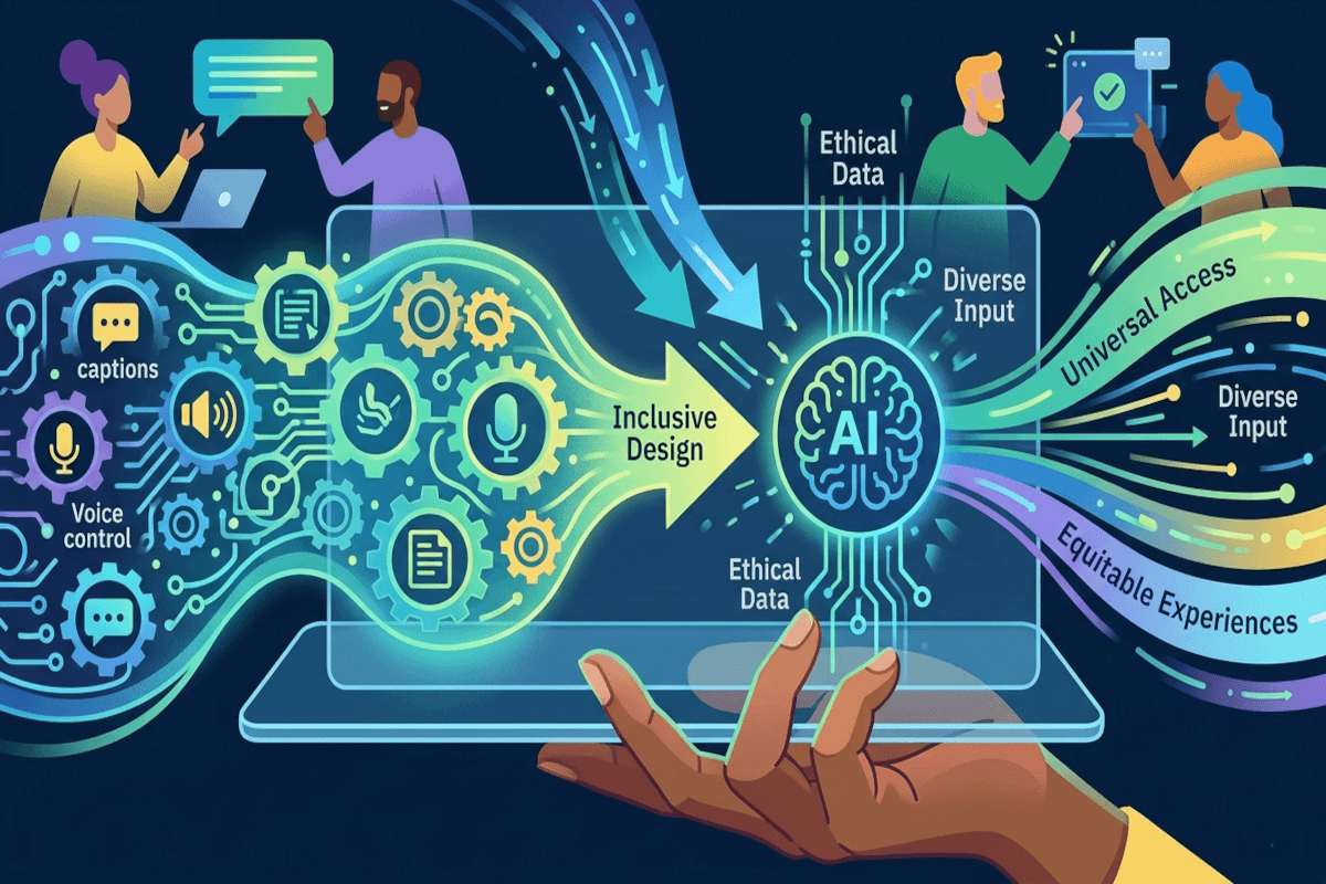 Illustration depicting inclusive AI design. Diverse people interact with technology, emphasizing captions, voice control, and ethical data for equitable access.