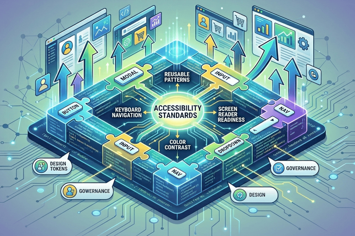 Futuristic diagram showcasing "Accessibility Standards" at the center, surrounded by elements like keyboard navigation and screen reader readiness. Arrows and icons highlight design and governance concepts, conveying a tech-driven focus on inclusivity.