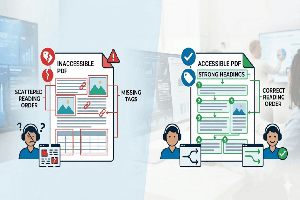 Illustration comparing an inaccessible PDF with scattered reading order and missing tags to an accessible one with strong headings and correct order.