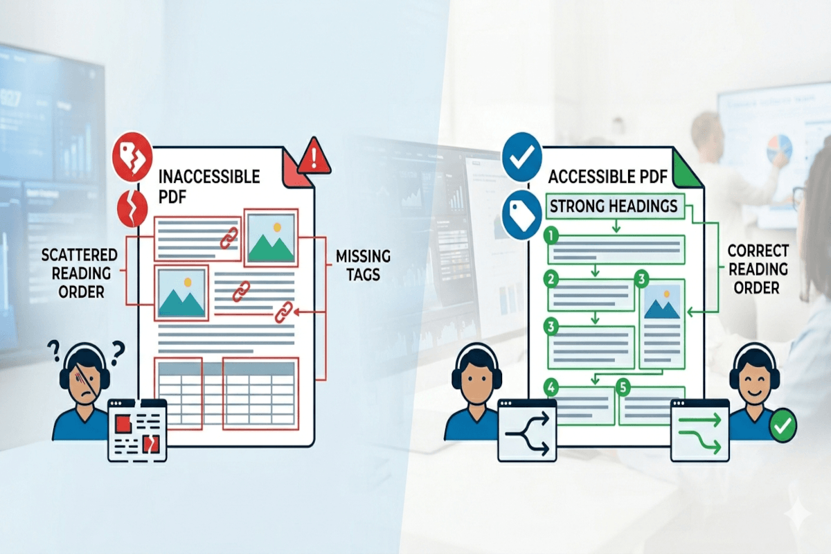 Illustration comparing an inaccessible PDF with scattered reading order and missing tags to an accessible one with strong headings and correct order.