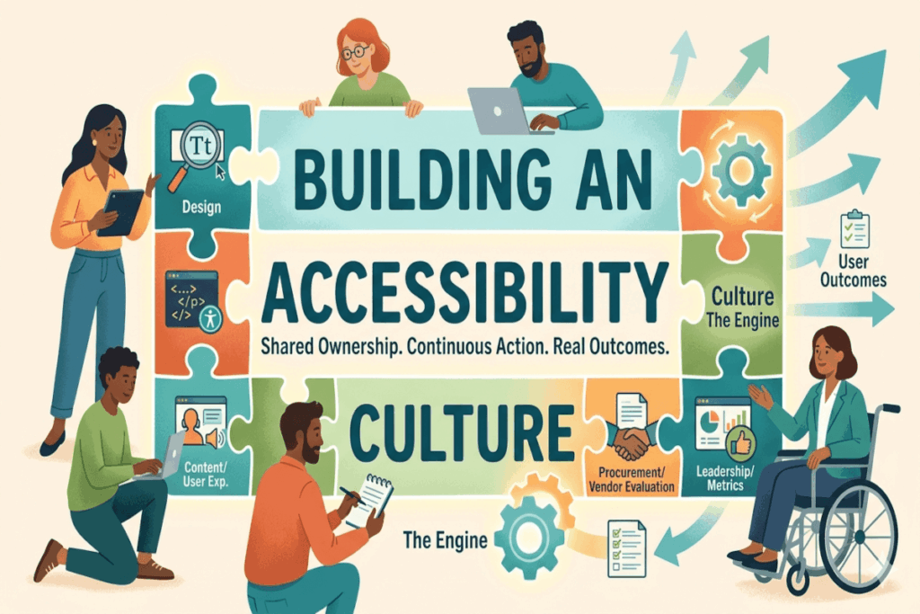 Illustration of diverse people collaborating around giant puzzle pieces labeled “Building an Accessibility Culture.” Arrows point to key topics like design and user outcomes.