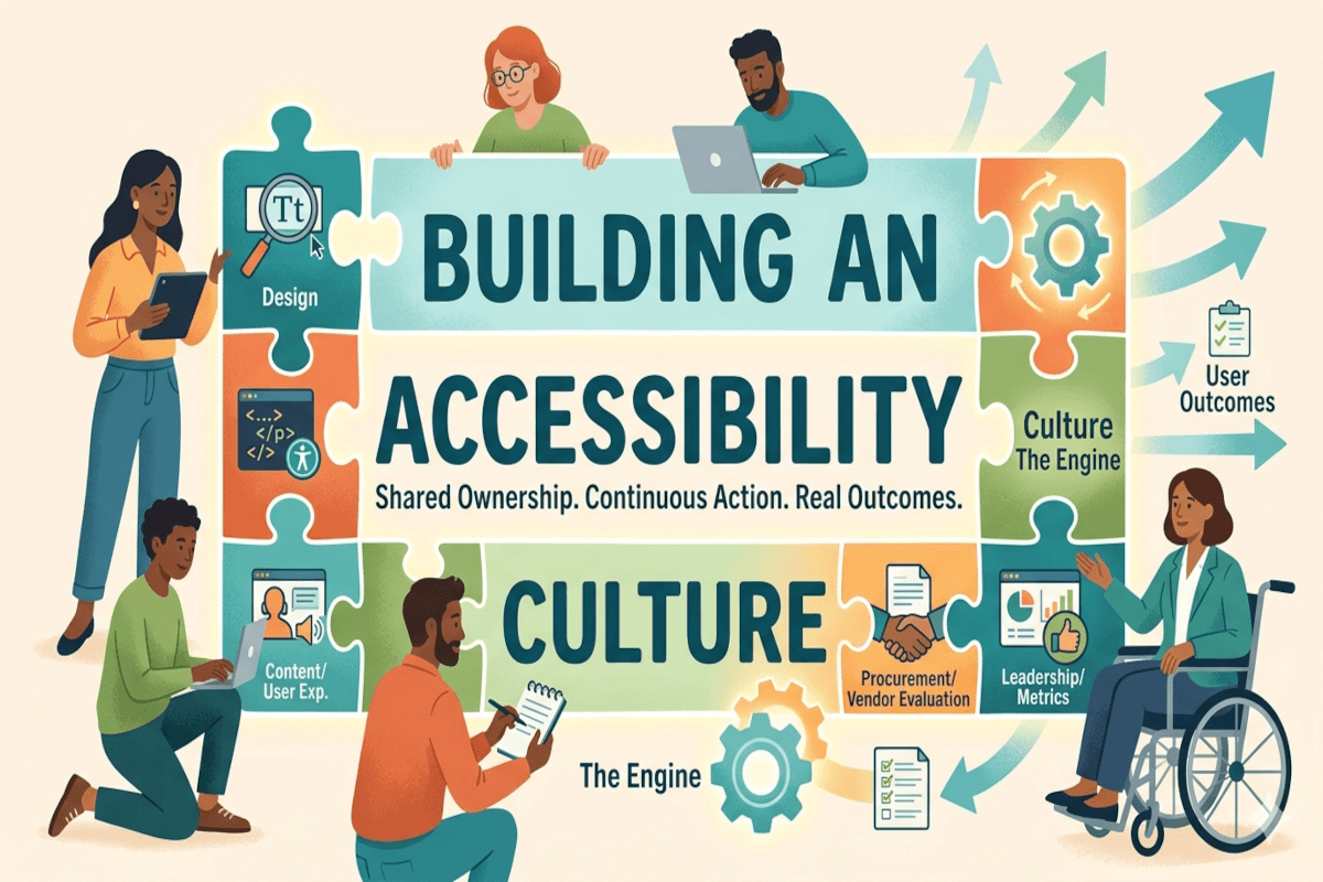 Illustration of diverse people collaborating around giant puzzle pieces labeled “Building an Accessibility Culture.” Arrows point to key topics like design and user outcomes.