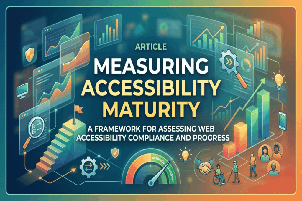 Futuristic graphic of data charts, gears, and a magnifying glass symbolizes measuring accessibility maturity and progress in web compliance.