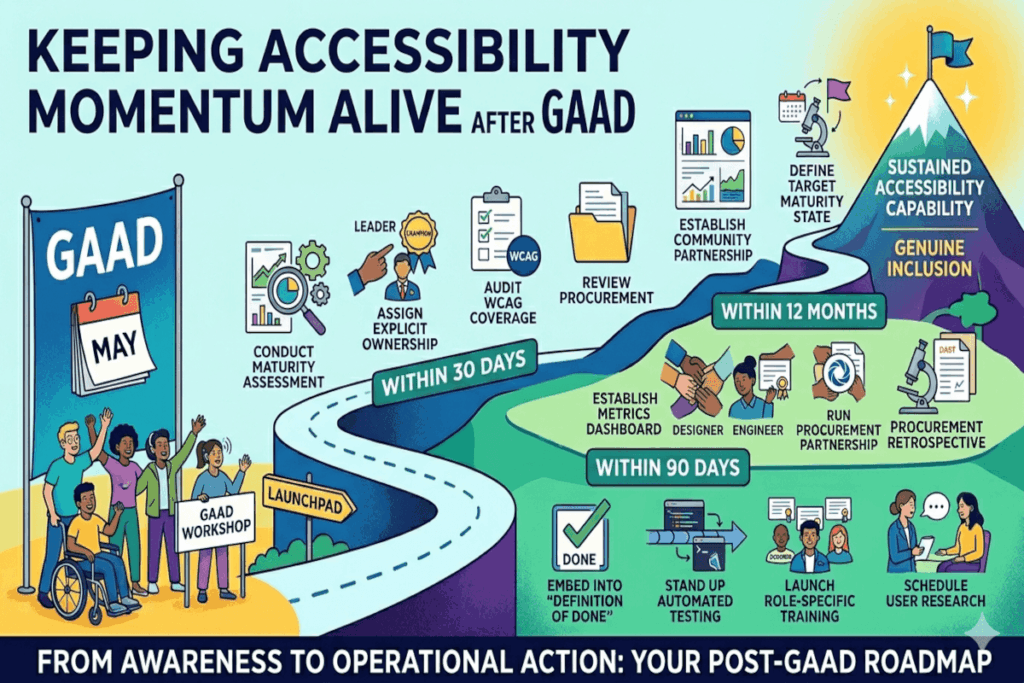 Infographic titled “Keeping Accessibility Momentum Alive After GAAD” showing a roadmap with milestones: 30 days, 90 days, and 12 months with steps to enhance accessibility, including workshops and partnerships, leading to genuine inclusion.
