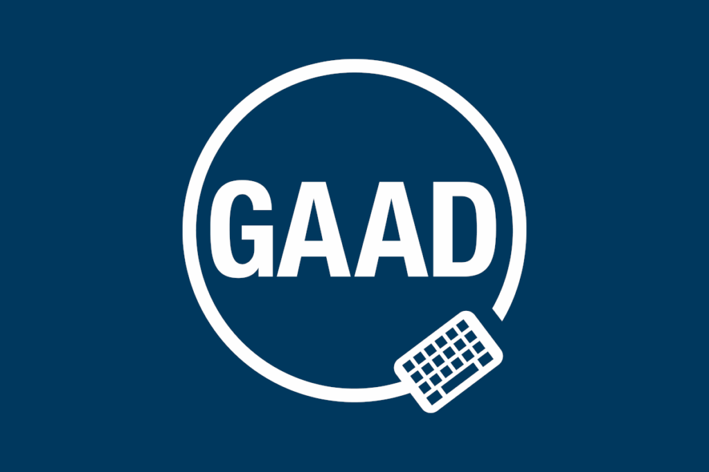 Global Accessibility Awareness Day logo, the white letters G A A D encircled with a circle leading to a keyboard on a dark navy blue background