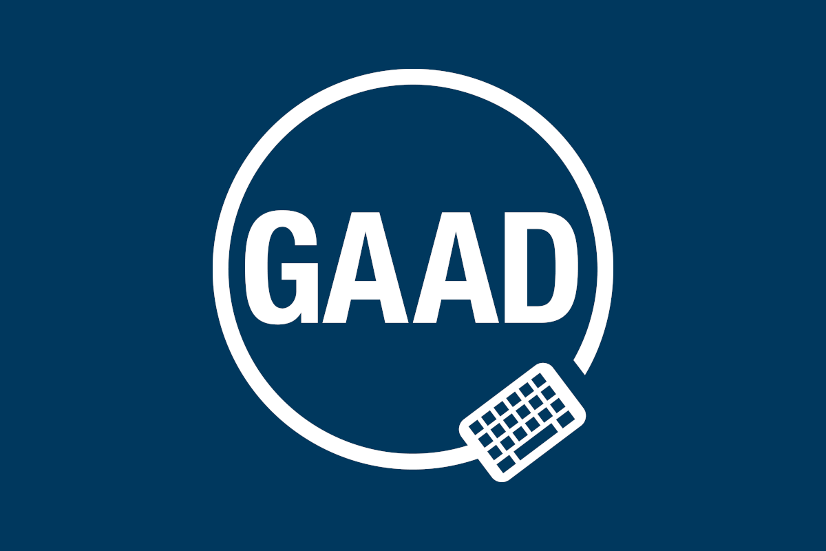 Global Accessibility Awareness Day logo, the white letters G A A D encircled with a circle leading to a keyboard on a dark navy blue background